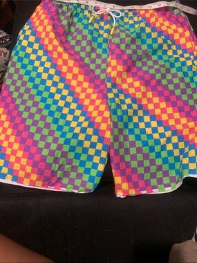 Men's Multicolor Checkerboard Swim Shorts - Vibrant Summer Style